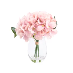 17cm Pink Hydrangeas Artificial Plant In Clear Glass Vase
